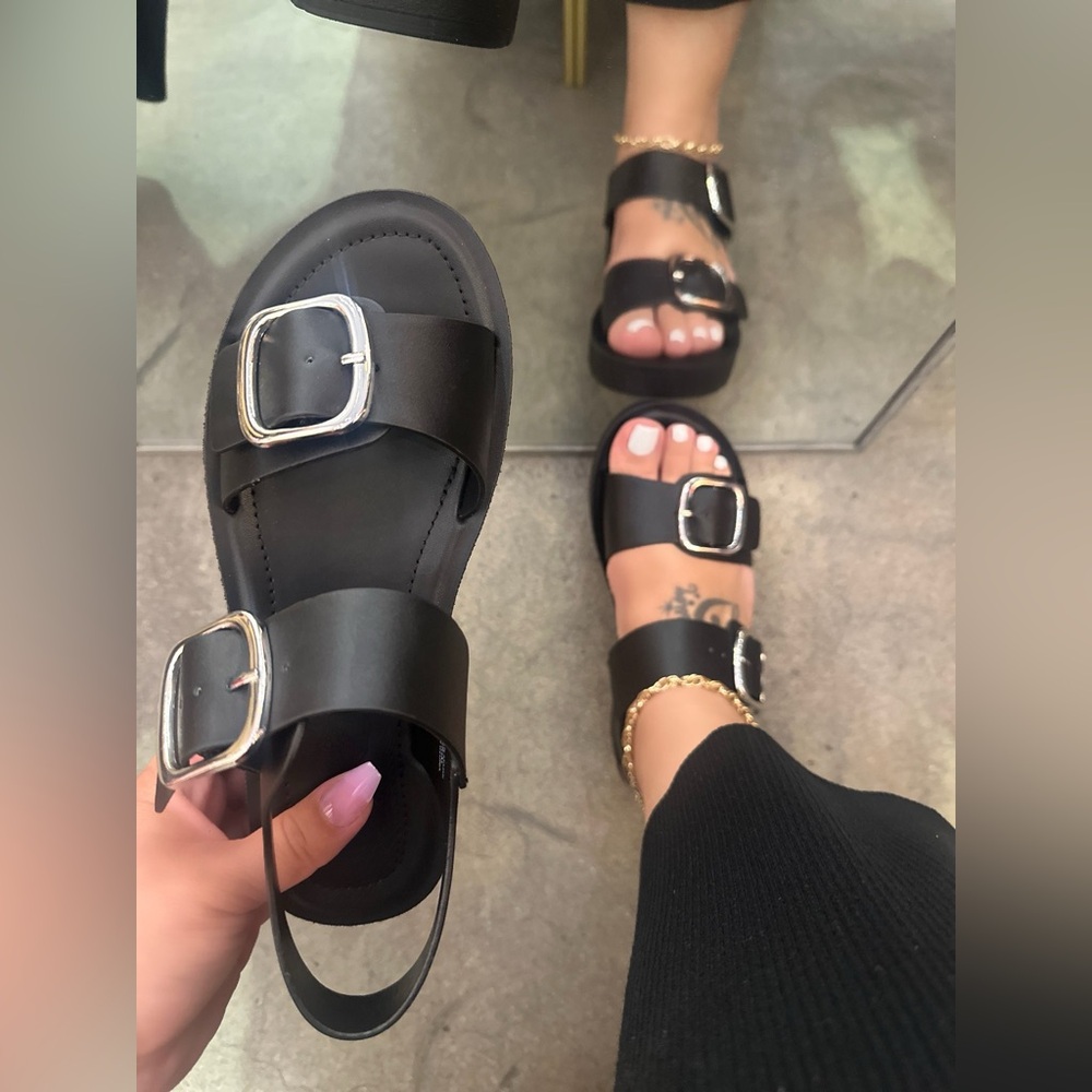 New! Chic Black Adjustable Double Buckle Platform Sandals - Picture 6 of 8